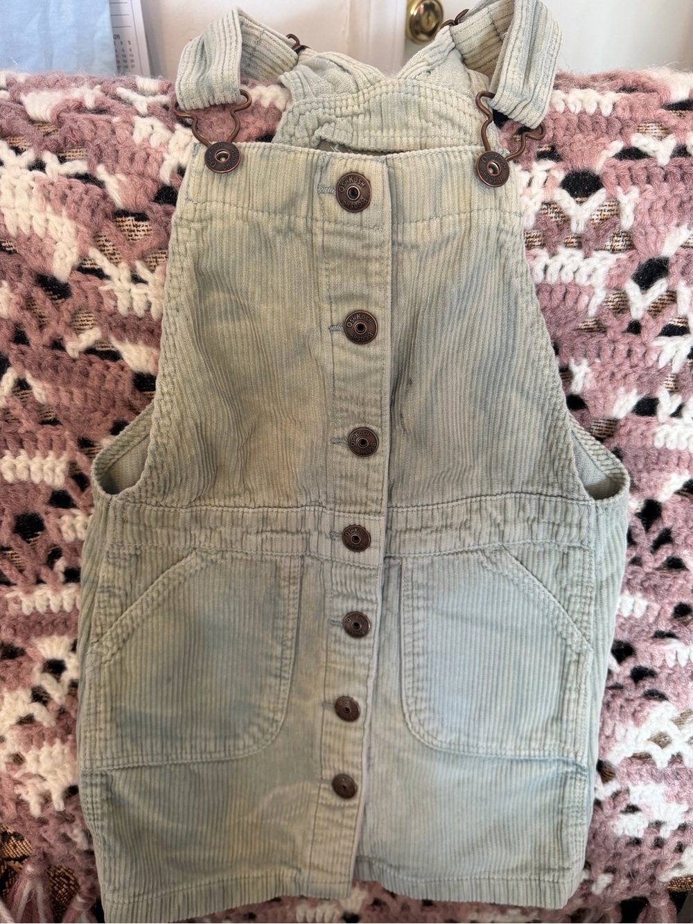 OshKosh B’gosh Girls 6/6X Corduroy Overall Jumper Dress Sage Green Vestbak